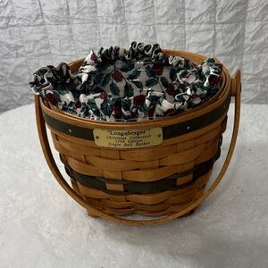 Longaberger natural and dark green woven basket with holly liner